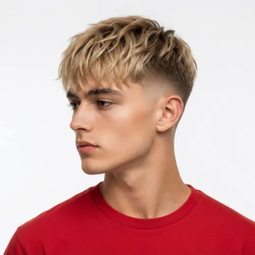 Man with blonde fringe and a clean low taper fade.