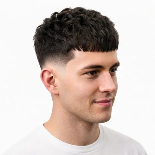Man with thick hair styled into a textured fringe and low taper fade.