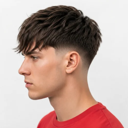 Man with a low taper fade fringe featuring textured layers.