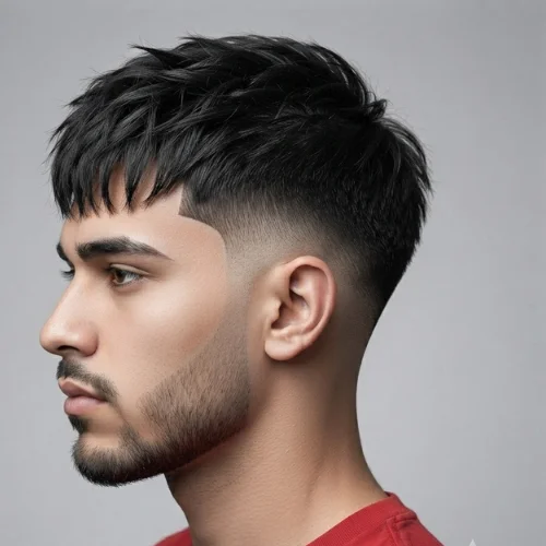Man with a low taper fade fringe and clean line up.