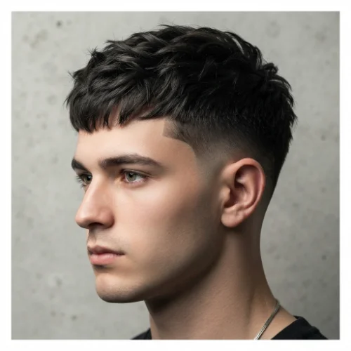 Man with a classic low taper burst fade featuring clean faded sides and a textured top on a white background.