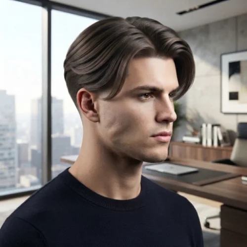 Man with long hair styled with a middle part and low taper fade on a clean white background.