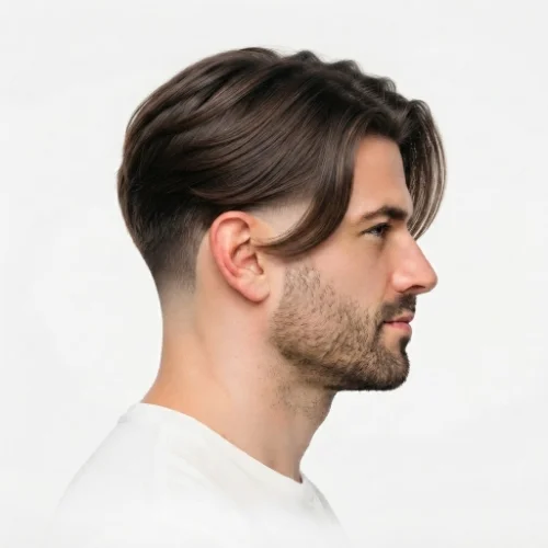 Man with long curtain hair and a low taper fade featuring a defined center part on a white background.