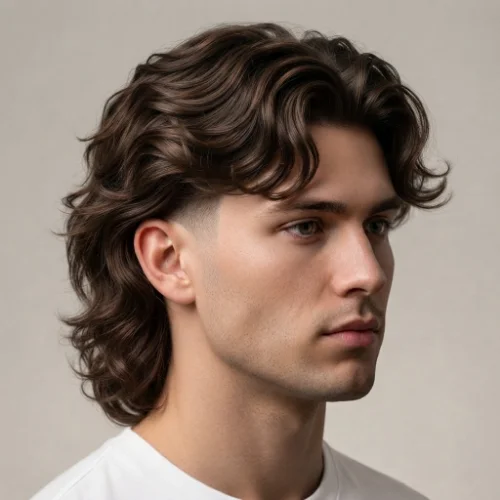 Man with long wavy hair and a low taper fade featuring natural texture on a white background.