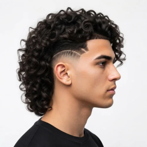 Man with long curly hair and a low taper fade featuring defined natural curls on a white background.