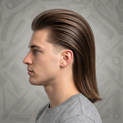 Man with long straight hair and a clean low taper fade on a white background.