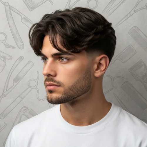 Man with long textured fringe and a low taper fade featuring clean faded sides on a white background.