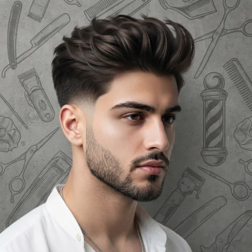 Man with long voluminous quiff hair and a low taper fade on a clean white background.
