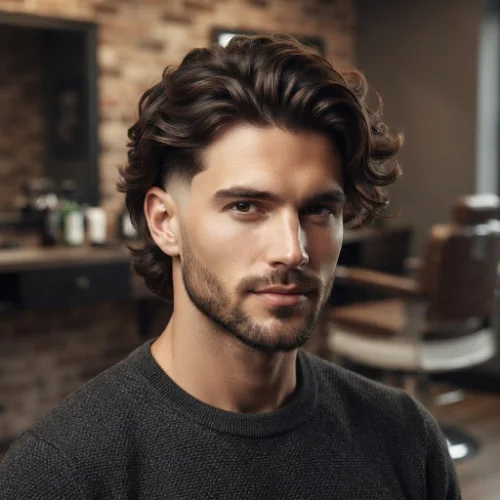 Man with classic long hair and a low taper fade featuring clean faded sides on a white background.