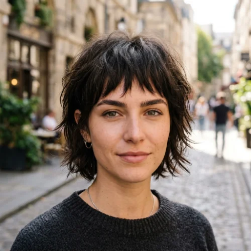 Man with a choppy textured fringe haircut and uneven layers.