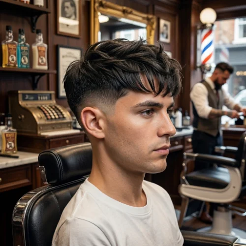Man with a textured fringe, low taper, and voluminous top.