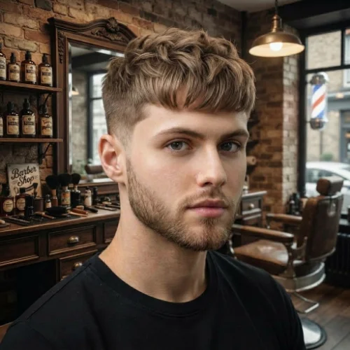 Man with a textured fringe haircut styled for fine hair