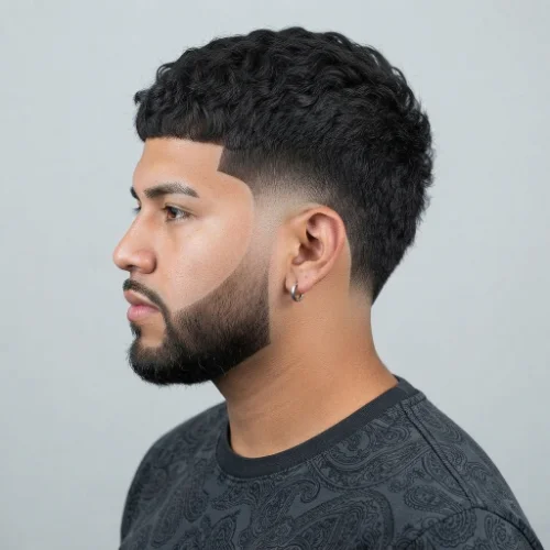 Man with a low taper burst fade featuring a sharp line up and clean hairline on a white background.