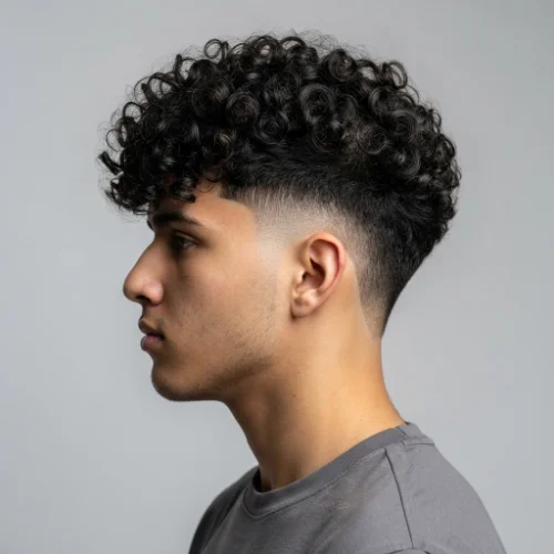 Man with a burst fade and V-shaped neckline featuring clean tapered sides on a white background.