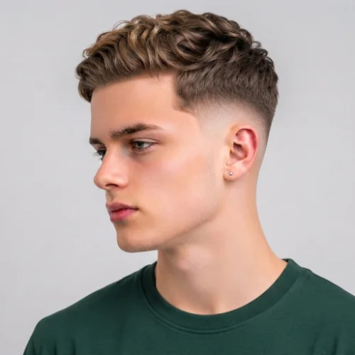 Man with a high burst fade featuring a strong fade around the ears and textured hair on top.