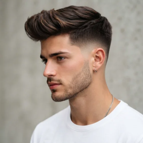 Man with a mid burst fade featuring a clean fade around the ears and textured hair on top.