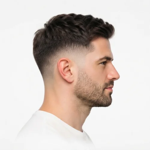 Man with a low burst fade featuring clean faded sides and textured hair on a white background.