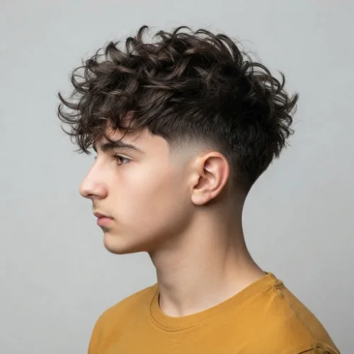 Man with messy textured hair and a low taper burst fade featuring a relaxed finish on a white background.
