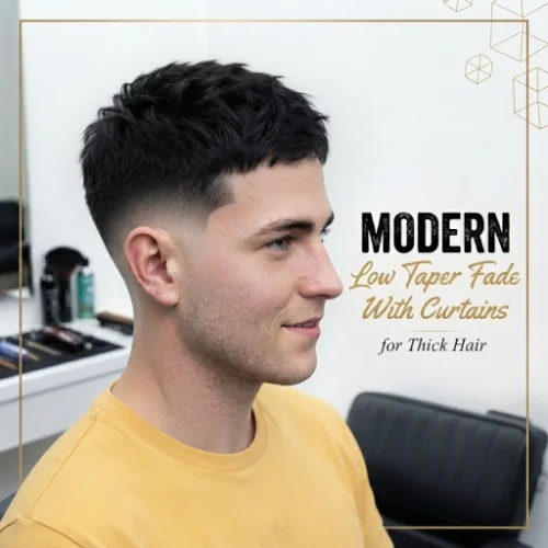 Man with short textured hair and a low taper burst fade featuring clean faded sides on a white background.