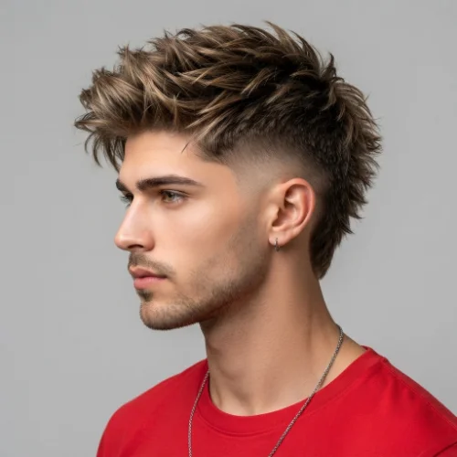 Man with blonde textured hair and a low taper burst fade on a clean white background.