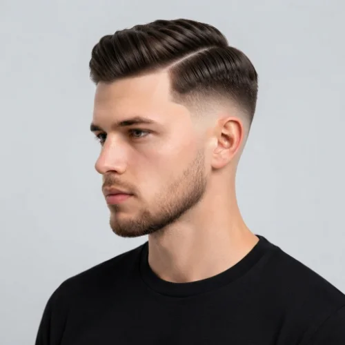 Man with a neat comb-over hairstyle and burst fade featuring clean faded sides on a white background.