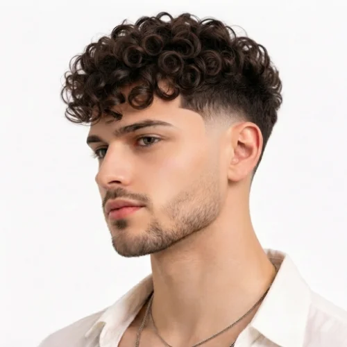 Man with curly hair, a sharp line-up, and burst fade featuring clean sides on a white background.
