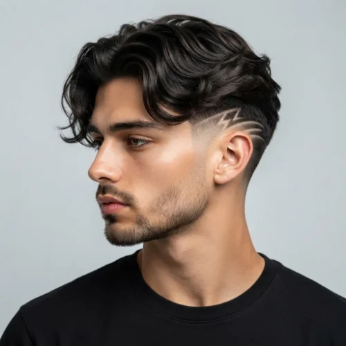 Man with a burst fade featuring a stylish shaved design and textured hair on a clean white background.