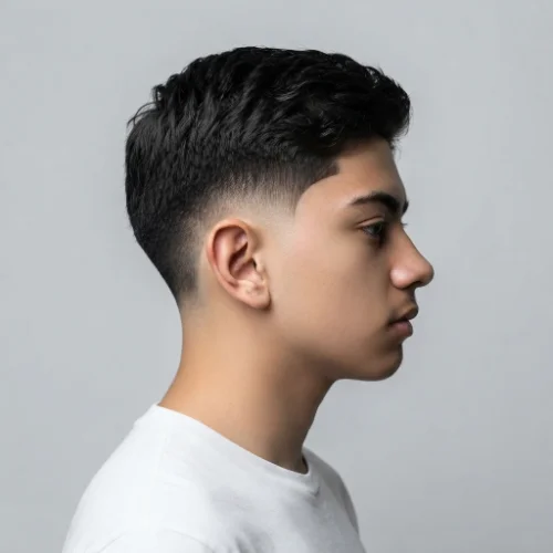 Man with a burst fade featuring sharp contrast between the faded sides and longer textured top.