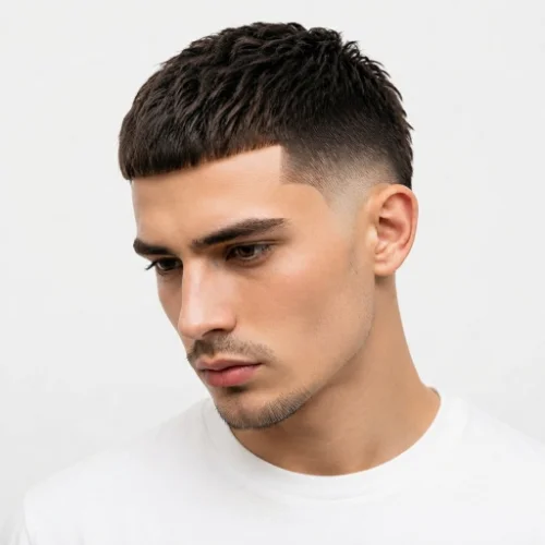 Man with a burst taper fade featuring clean faded sides and a textured top on a white background.