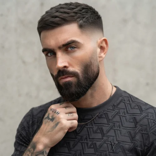 Man with a low taper burst fade paired with a neatly groomed beard on a white background.