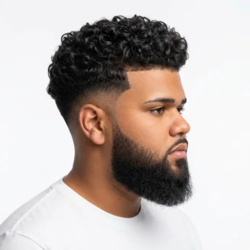 Man with thick hair, a low taper fade, and a full neatly groomed beard on a white background.