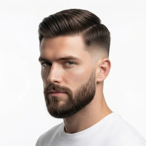 Man with straight hair, a low taper fade, and a neatly trimmed beard on a clean white background.
