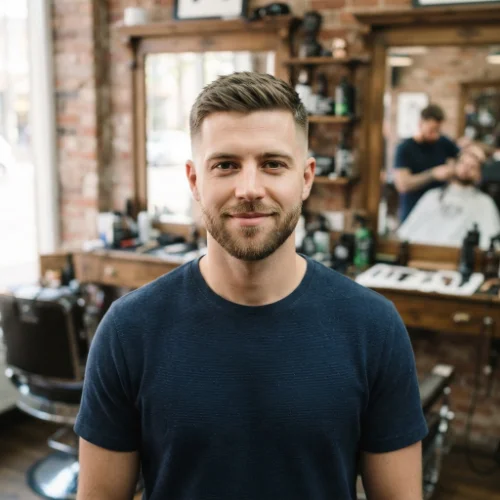 Man with a classic crew cut and low taper fade featuring clean sides on a white background.