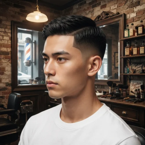 Man with a crew cut and neat side part paired with a low taper fade on a white background.