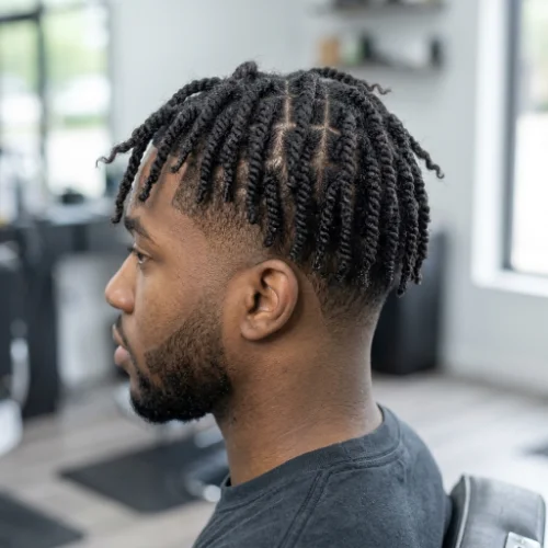 Low taper fade with short two-strand twists