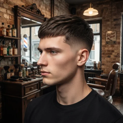 Man with a longer crew cut and low taper fade featuring textured hair on top on a white background.
