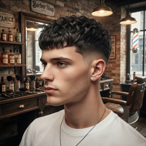 Man with a short crew cut and textured fringe paired with a low taper fade on a white background.