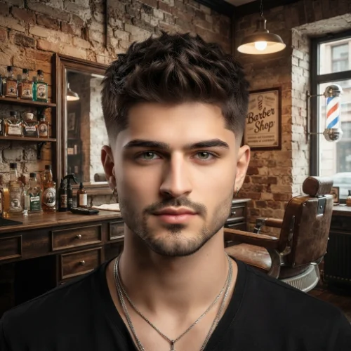 Man with a messy textured crew cut and low taper fade featuring a relaxed finish on a white background.
