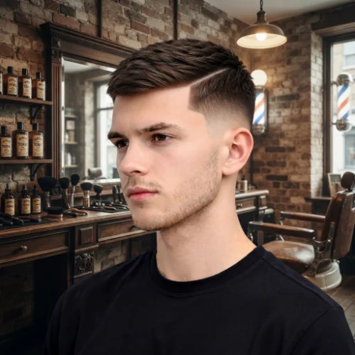 Man with a crew cut, sharp hard part, and low taper fade on a clean white background.