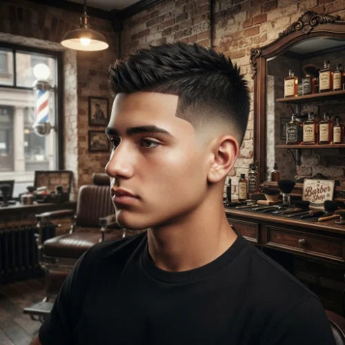 Man with a spiky textured top and low taper fade crew cut on a white background.