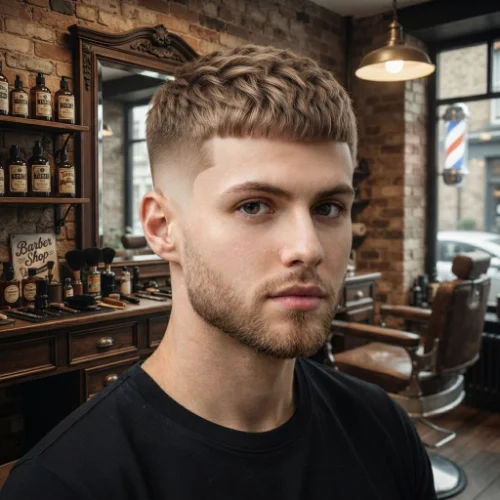 Man with a crew cut and low taper skin fade featuring clean tapered sides on a white background