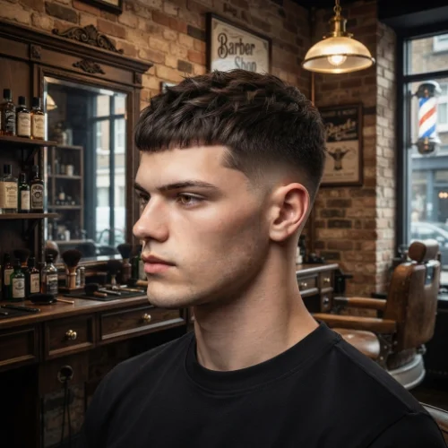 Man with a crew cut and low taper fade featuring natural hair texture and clean sides on a white background.