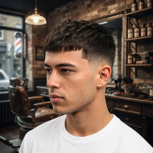 Man with a modern crew cut and low taper fade featuring textured volume and clean sides on a white background.