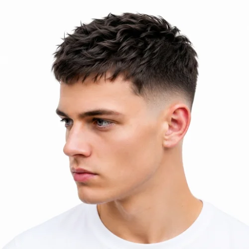 Man with a textured crew cut and low taper fade featuring natural volume on a white background.
