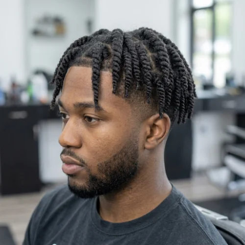 Low taper fade with chunky twists
