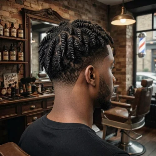 Low taper fade with thin twists