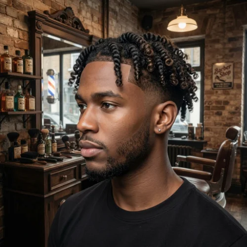Low taper fade twists with curly ends