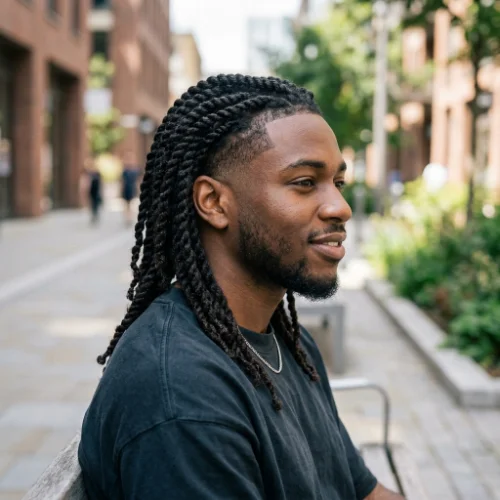 Low taper fade with long twists