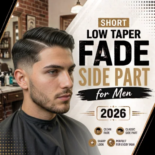 Short low taper fade with a side part