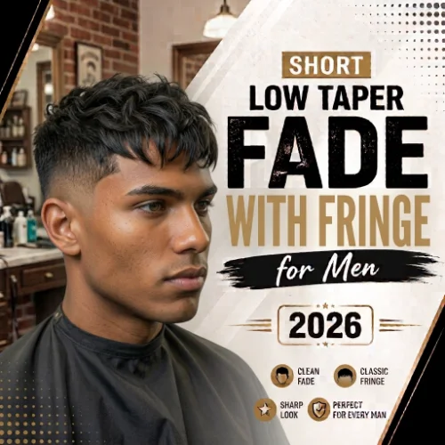 Short low taper fade with a textured fringe